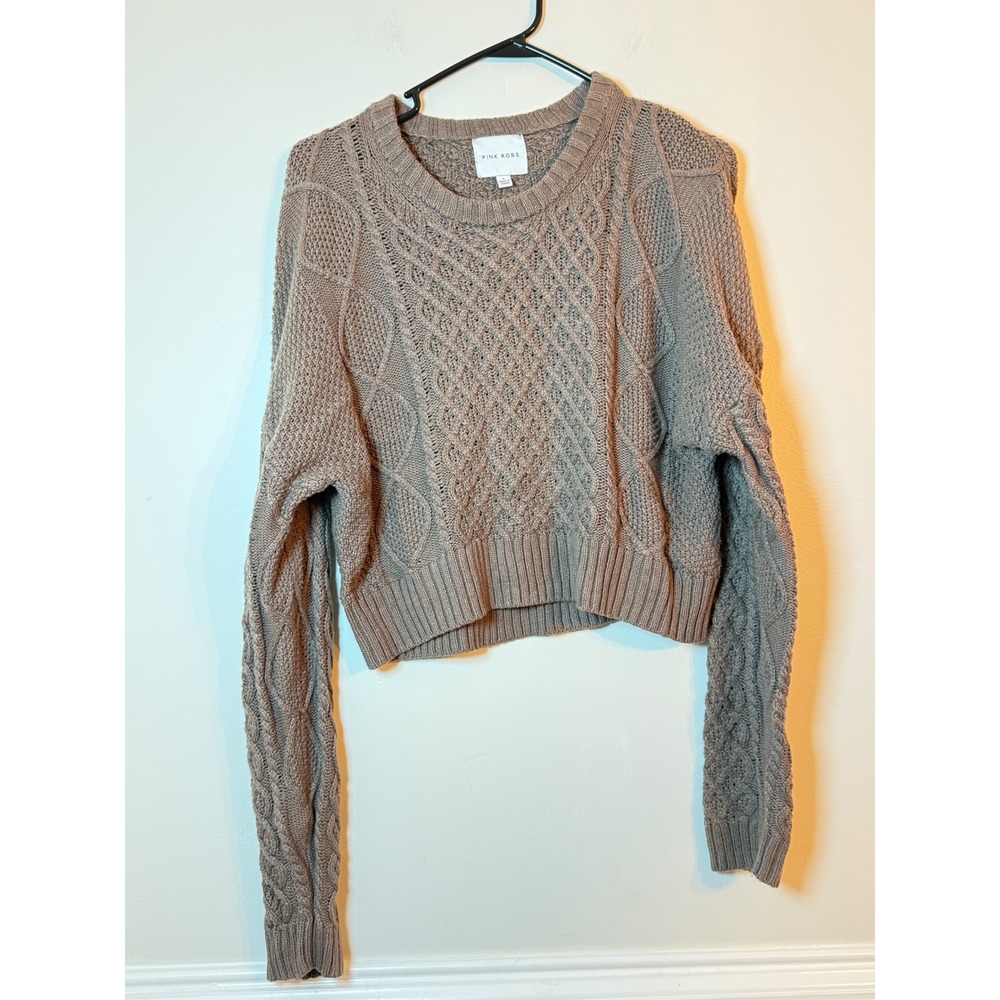 Pink Rose Cable Knit Sweater Womens Large Taupe Brown Cropped Pullover PF4S27266